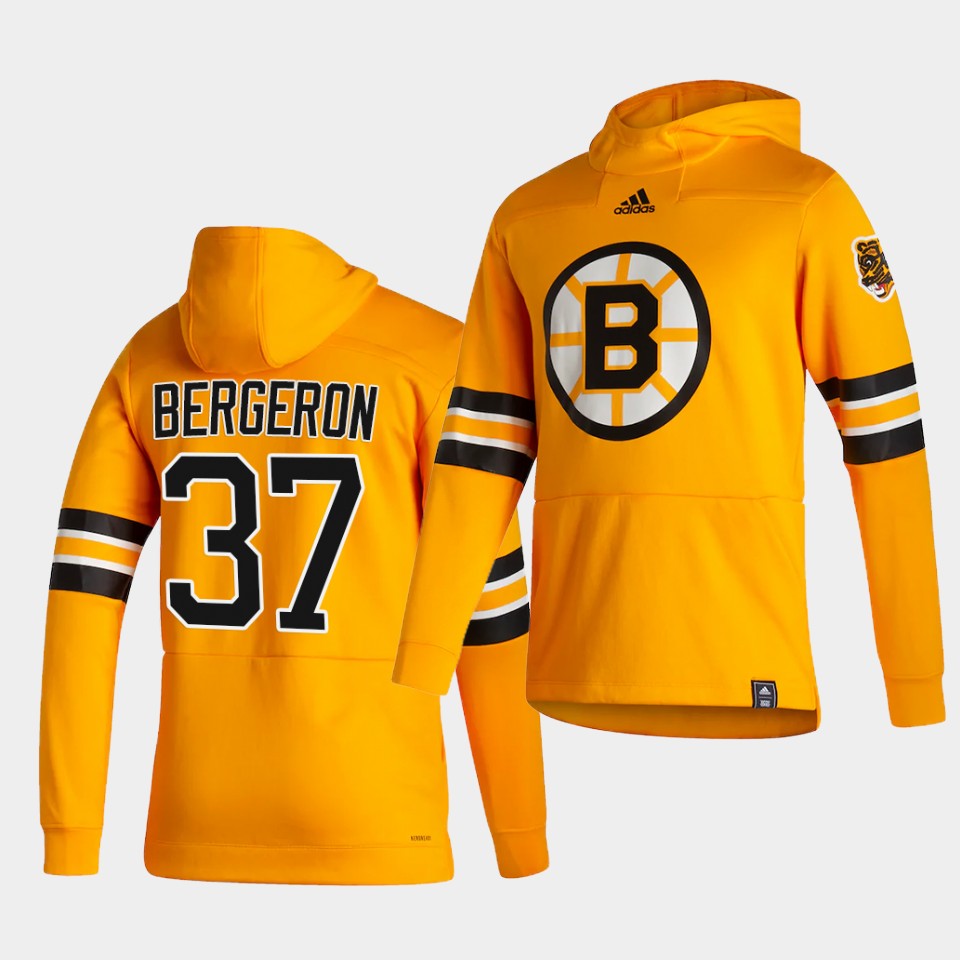 Men Boston Bruins #37 Bergeron Yellow NHL 2021 Adidas Pullover Hoodie Jersey